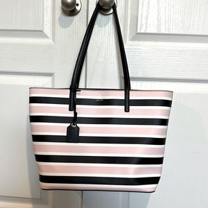 Kate Spade Large Tote ~ Pink, Black & White Stripe ~ Excellent Pre Owned Cond.